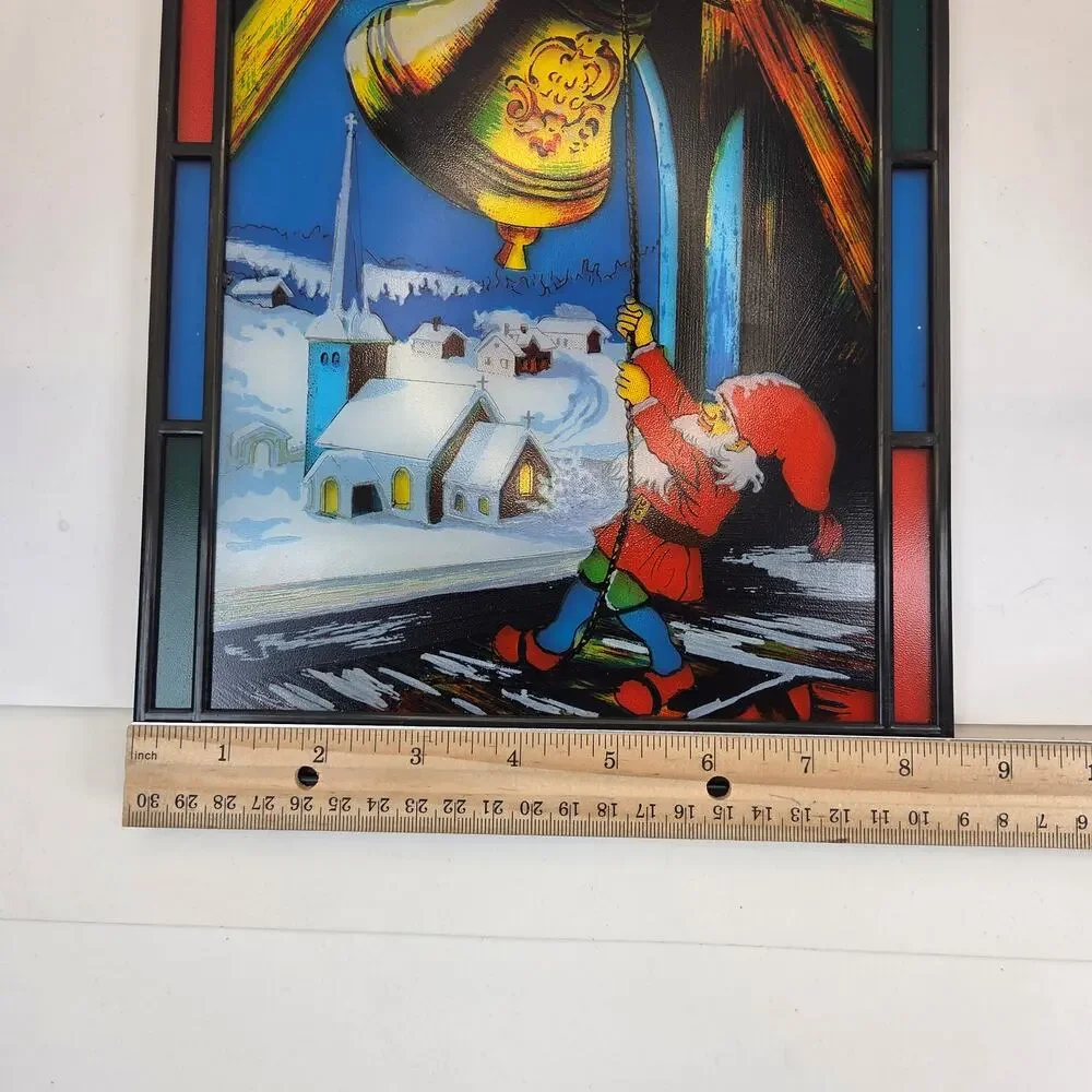 Vintage Faux Stained Glass Christmas Elf Ringing Bell Window Panel Suncatcher